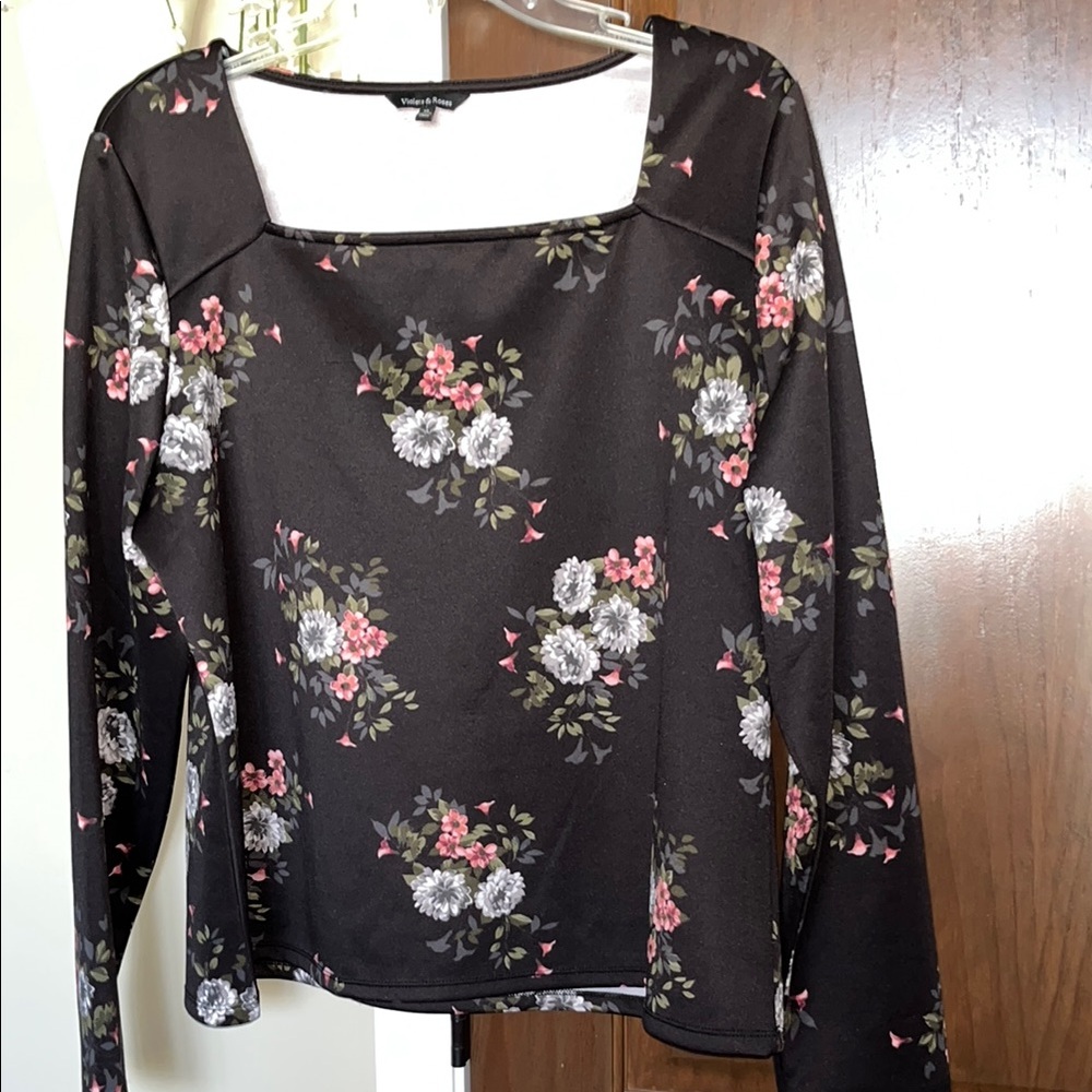 Black and Pink Floral Long Sleeve Blouse